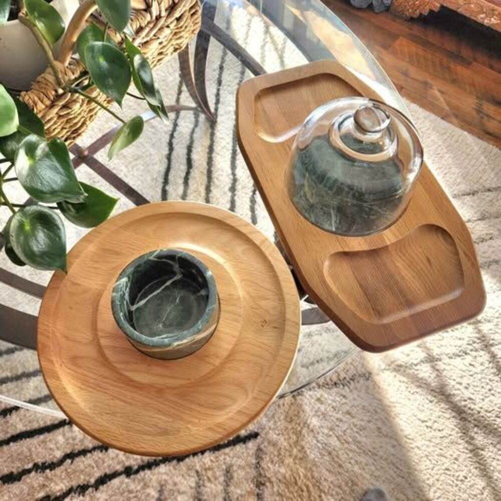 Pair of Vintage Solid Wood & Green Marble Charcuterie Boards Serving Hosting
